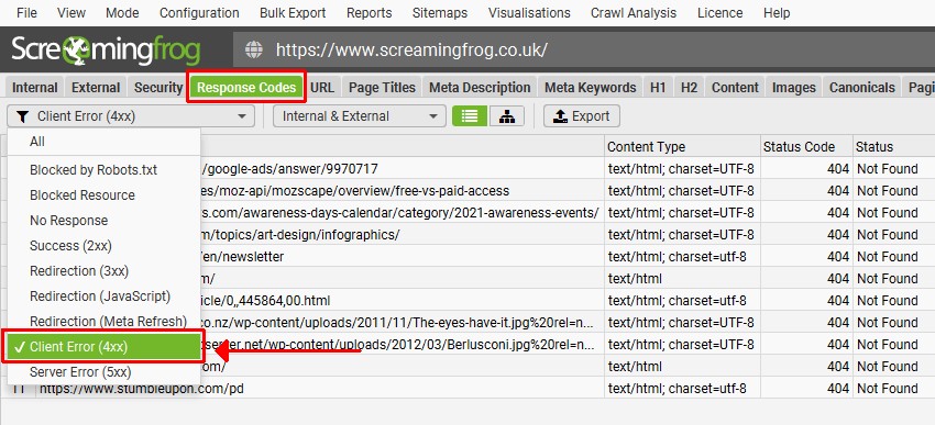 Response Codes Screaming Frog